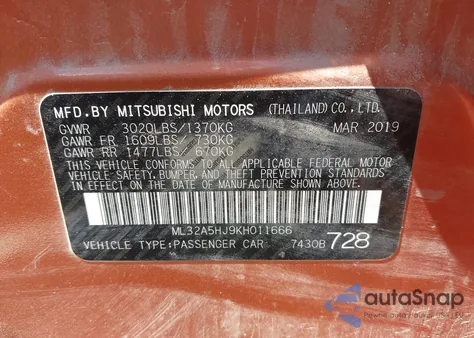 2019 Mitsubishi Mirage Le z USA, uszkodzony, nr VIN ML32A5HJ9KH011666